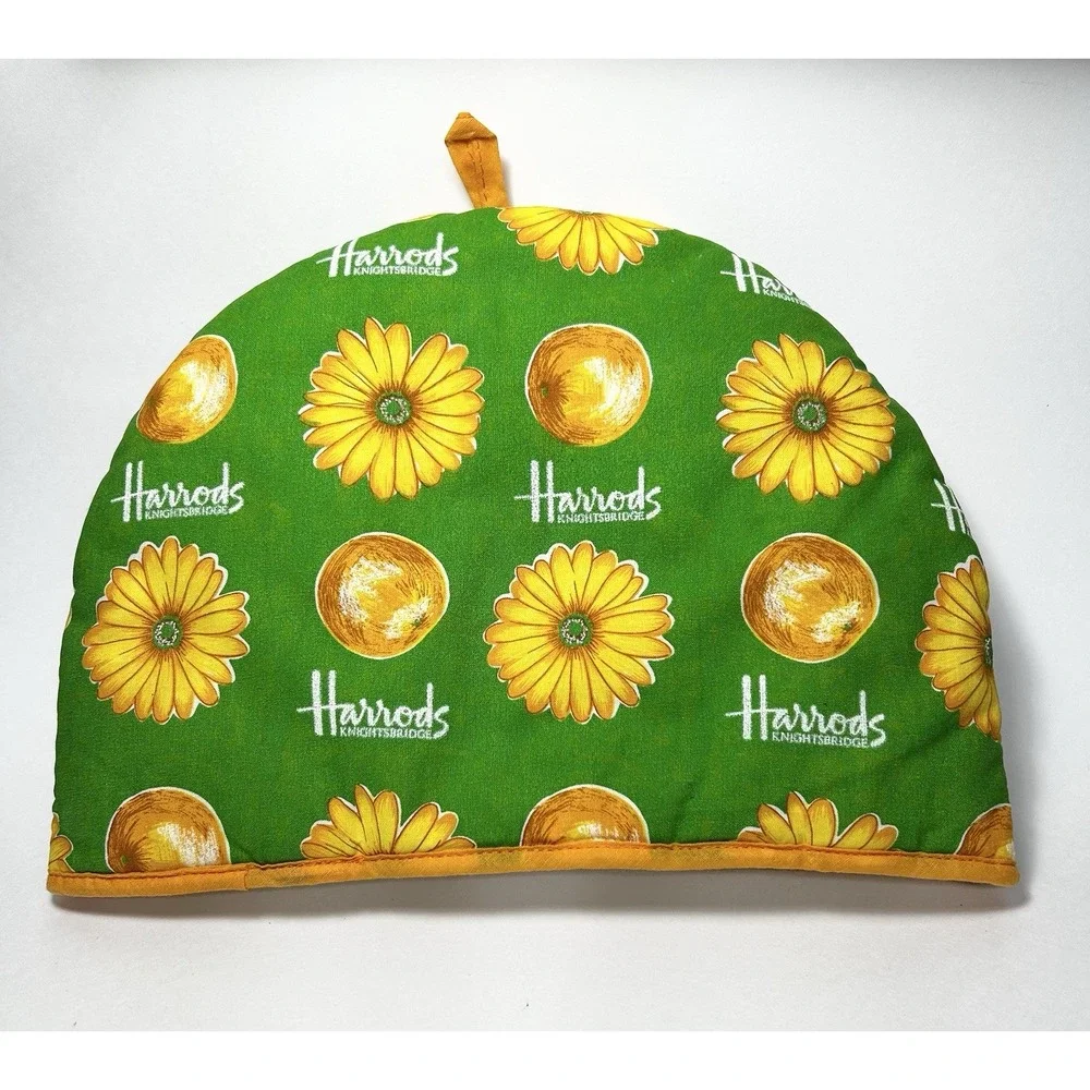 Tea Cozy/HARRODS Knightsbridge/Bright Green w/Yellow daisies & oranges/Cotton